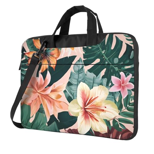 Sac ordinateur portable 13 pouces antichoc noir motif floral feuilles palmier et fleurs de lys