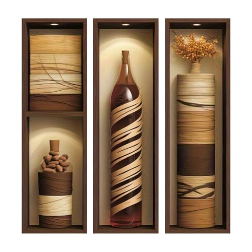 milaosk 3D Wandtattoo Boho 3er Set Wandaufkleber Holzflasche Trockenblumen Wandbilder Selbstklebende Vinyl Wanddekoration Kunst Wandsticker für Wohnzimmer Schlafzimmer Flur, 49x15cm
