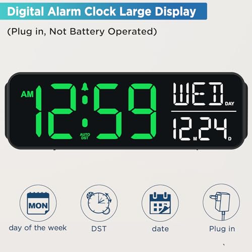 Image of Peakeep Large Display Digital Alarm Clock for Bedrooms, Date Day of Week Desk Table Clocks for Living Room Office, Dimmable Plug in Electric Clock, 5 Volumes, Loud, Auto DST