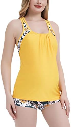 Bhome Maternity Tankini Sets Maternity Swimsuit Two Pieces Maternity Bathing Suit Strappy Tank Top with Shorts Pregnancy Swimwear Yellow Florals Prints XL