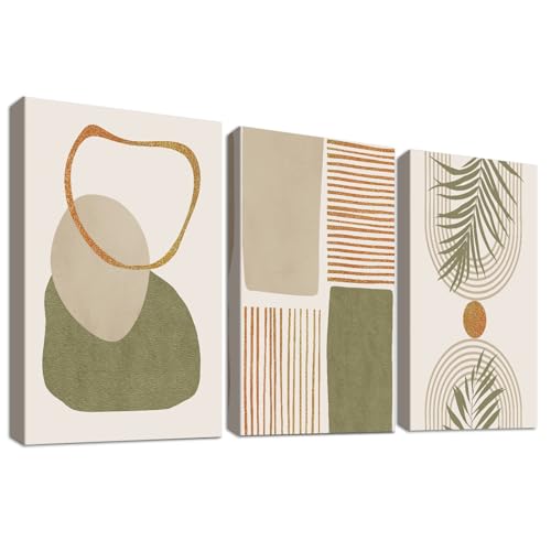 Image of 3Pcs Wooden Framed Canvas Wall Art Set Sage Green Painting on Canvas Prints Abstract Minimalist Geometric Line Poster Beige Orange Bohemian Pictures for Living Room Bedroom Wall Decor 30x40 cm x3pcs