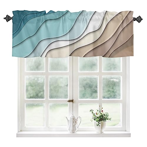 Teal Blue Modern Geometric Curtain Valance for Windows Rod Pocket Valance Window Treatments Turquoise Brown Abstract Ocean Wave Short Curtains for Kitchen Windows Bathroom Bedroom 42x12in by TweetyBed - Used condition - US$10.60