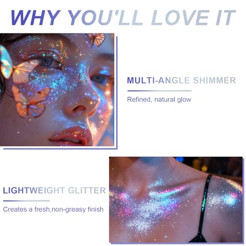 Roll-on Holographic Body Glitter Gel for Body, Hair, Face, Chameleon Color Changing Glitter Gel Under Light, Chunky Mermaid Sequins Festival Party Rave Accessories Shimmer Makeup (Glint-Rainbow)