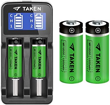 Taken 18500 Rechargeable Li-ion Battery with Charger, IMR 18500 3.7V 1500mAh Rechargeable Battery with Button Top, 4 Pack 18500 Rechargeable Batteries with 2-Ports Charger