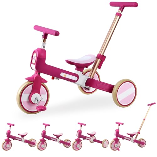 WEEROCK 6 in 1 Toddler Tricycle Fold Up Kid Tricycles with/Without Parent Steering Push Handle Boys Girls Balance Bike for 1-6 Years Old Toy Gift, Purple