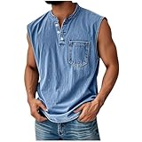 Lovraj Camisa de hombre sin mangas – Camisa casual de verano con bolsillos – Cuello abotonado – Camiseta de verano de color sólido, azul, XL