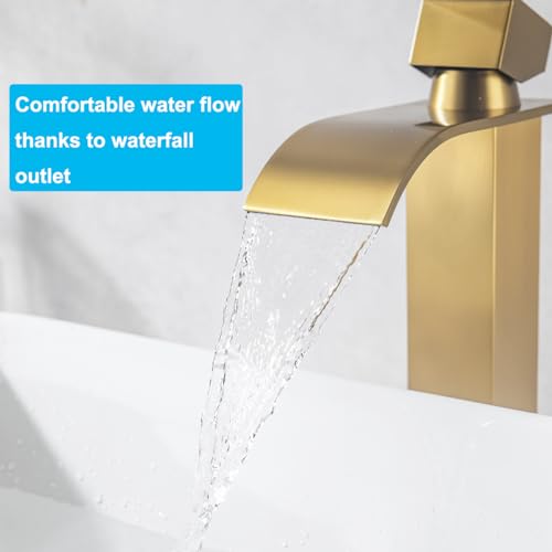 ONECE Hoch Waschtischarmatur mit Auslaufhöhe 200 mm, Wasserfall Wasserhahn für Aufsatzwaschbecken, Hohe Armatur für Badezimmer, Gold Matt