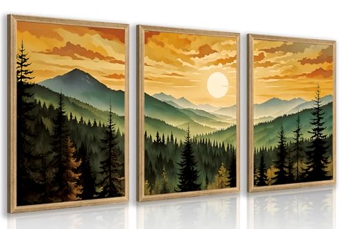 kilamino Wood Boho Mountain Sunset Wall Art, Nature Forest Botanical
