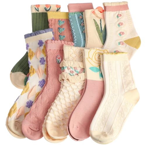 10 Pairs Cute Socks, Women's Lace Ruffles Ankle Casual Flower Frilly Fancy Cute Cotton Cottagecore Mid Tube Socks, Spring & Summer Floral Crew for Sports and Daily Wear
