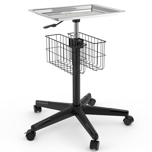 POCHAR Rolling Tray on Wheels Stainless Steel with 2 Baskets - Pneumatic Height Adjustable Medical Tray with Wheels for Clinic, Dental, Salon, Tattoo, Spa - Mobile Salon Tattoo Tray Trolley