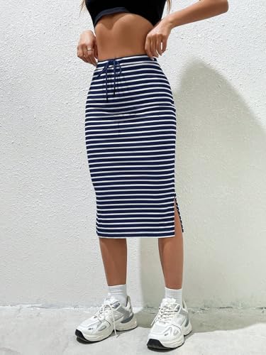 EARKOHA 2025 Skirts for Women High Stretch & Cool-Fabric Solid Split Side Drawstring Waist Skirt Navy Blue L3