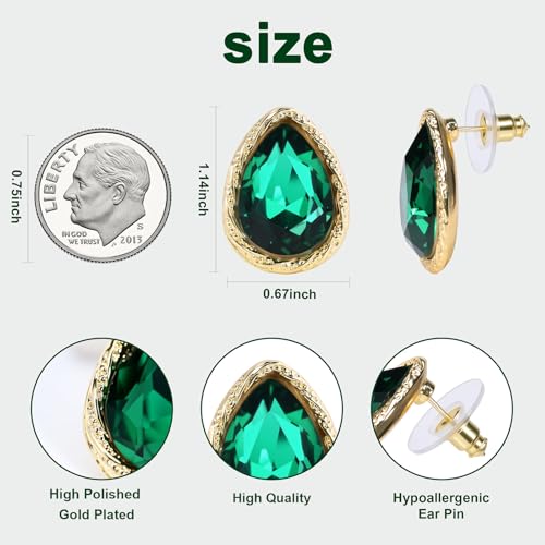 Emerald Green Teardrop Earrings for Women, 14K Gold Plated Edged Green Stud Earrings, Elegant Emerald Stud Earrings for Everyday or Special Occasions4