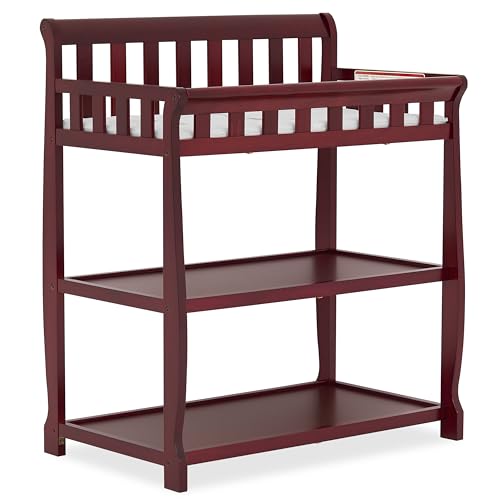 Image of Dream On Me Ashton 2-in-1 Changing Table & Nightstand in Cherry – Solid New Zealand Pinewood, Safety Rails, Spacious Storage Shelves & Water-Resistant Changing Pad, Converts to Nightstand