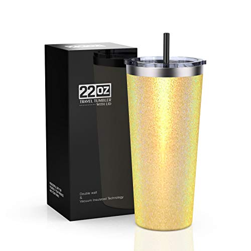 22oz Tumbler with Splash-Proof Lid, Bastwe Stainless Steel Vacuum Insulated Travel Mug Tumbler with Straw, Double Wall Coffee Mug, Thermal Cup for Hiking, Camping & Traveling (Lemon Yellow Glitter)