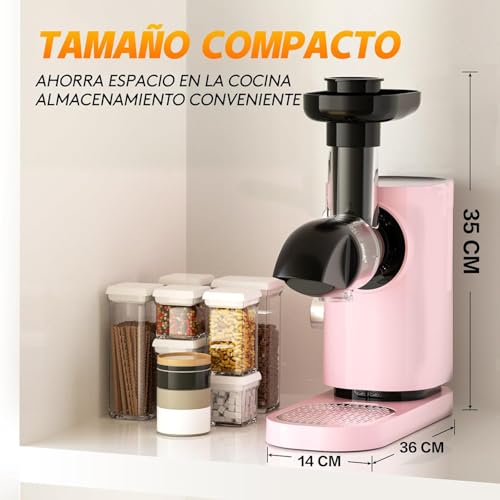 Aobosi Licuadora prensado en frio, Extractor de zumos y frutas con motor silencioso, vaso para zumo y cepillo de limpieza, sin BPA (150 vatios/Rosa)