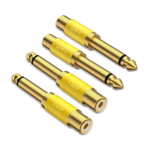J&D RCA to 1/4 Audio Adapter 4-Pack, 6.35mm Mono Plug Male to RCA Female Connector, Gold-Plated Guitar Connectors, Yellow