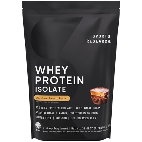 Image of Sports Research 100% Whey Protein Isolate Chocolate Peanut Butter - U.S. Sourced Protein Powder w /BCAAs -No Artificial Flavors or Gums- Informed Sport Tested . Gluten Free- 2lb Bulk Bag, 25 Servings
