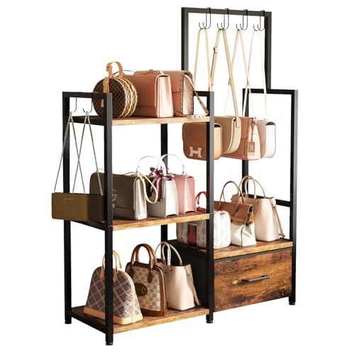 BTaoyutt 3-Tier Ironwood Purse Rack – Large Drawer & 6