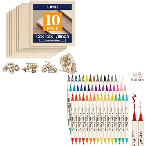 FUMILE 10 Pack 12x12x1/8 Inch Basswood Sheets and 48 Colors Dual Tip Acrylic Paint Pens.Paint Markers With Extra Fine Tip and Brush Tip for Wood,DIY Craft and gift for Halloween and Christmas. Cover
