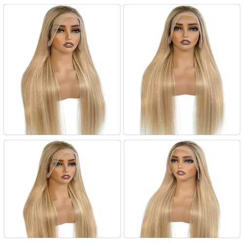 Image of Highlight Ombre 13x4 Lace Front Wig Human Hair 22 Inch Chocolate Brown to Bleach Blonde Highlights HD Transparent Lace Frontal Wigs Pre Plucked 180% Density Human Hair Lace Front Wigs for White Women