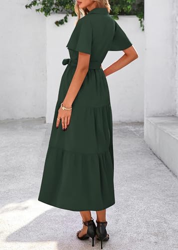 Image of KIRUNDO Summer Button Down Wedding Guest Shirt Dresses for Women Maxi Flutter Short Sleeve Flowy Tiered Beach Sun Dress
