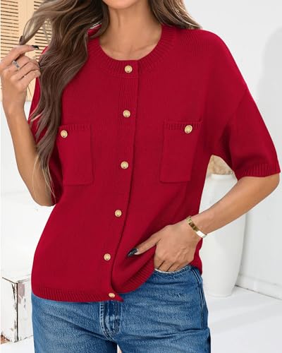 Image of Womens Cardigan Sweaters Short Sleeve 2025 Button Up Y2k Summer Crew Neck Crop Lightweight Knit Shirt Tops