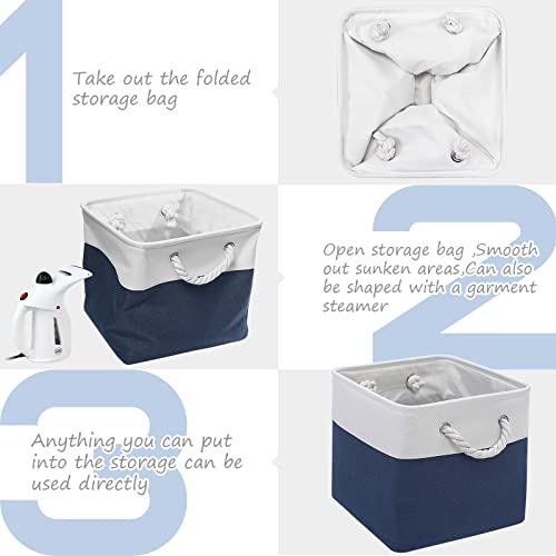 Finishingbo Cube Storage Baskets, 6 Pack 11X11 Inch With Cotton Handles For Closet, Shelves, Clothes, Toys, Towel (White/Navy Blue) #TOP5