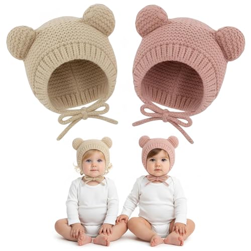 Pack de 2 gorros de invierno para bebé, niño y niña, con lindas orejas de oso, gorro de invierno para bebé, gorro para niño, cálido para otoño e invierno, 3 24 meses, beige, rosa