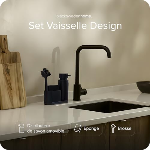 blackswedenhome Design Organisateur d'Évier avec Distributeur de Liquide Vaisselle Amovible Brosse à Vaisselle et Éponge Organisateur de Cuisine Organisateur d'Évier en Résine Noir Mat – vue 2