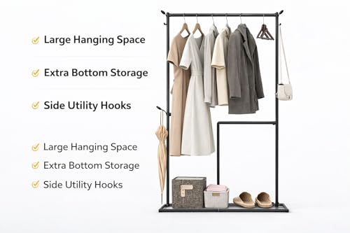 Image of Raawan Heavy Duty Double Rod Clothes Rack with Side Storage Shelves | Metal Garment Stand Organizer | Space Saving Cloth Hanger Stand for Bedroom, Living Room & PG (1 LAYER SM BLACK)