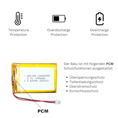 603450 3,7 Volt Akku 1200 mAh LIPO Ma&szlig;e: L 50 mm B 34 mm T 6 mm wiederaufladbar JST PH2.0 Stecker Schutzplatine