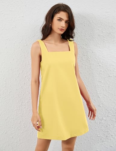 Image of Summer Linen Mini Dress for Women Sleeveless Square Neck Tank Shift Dresses Causal Backless Solid Short Sundress