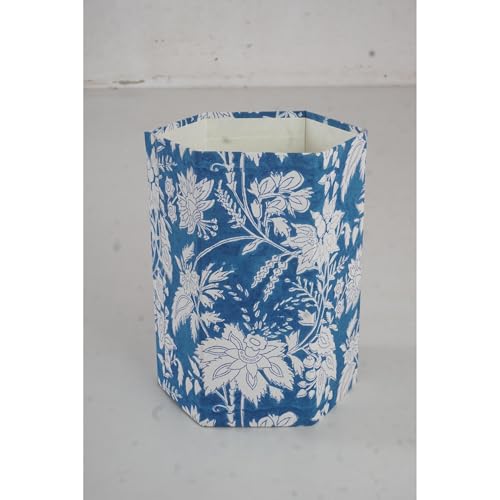 Image of Floral Hand Block Printed 3.3 Gallon Decorative Waste Basket - Eco-Friendly Cardboard Trash Can, Plastic-Free & Sustainable, Perfect for Christmas and Housewarming Gifts (1, Blue)
