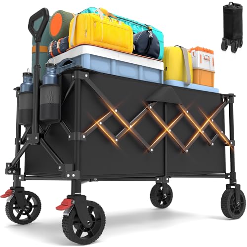 Chariot de Jardin Chariot à roulettes Pliable, 200L Chariot de Transport Poignée Réglable Tout Terrain Charrette pour Extérieur Camping Pique-Nique BBQ Match