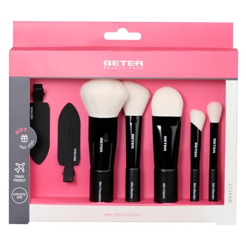 Beter - Set de 5 Brochas de Maquillaje de Viaje, Pelo Sintético Extra Suave, Mini Brushes Kit, Kabuki, Colorete, Base, Corrector y Sombra + 2 Pinzas de Cabello, Make up Brushes, Ideal para viajar
