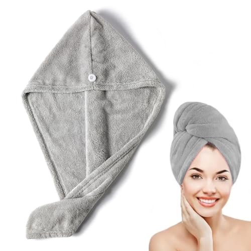 TMRBBesty Wrap Hair Wrap Towel,Microfibre Hair Towel,Quick Dry Hair Turban Towel,Super Absorbent and Soft Hair Drying Towel,Hair Turbans for Wet Hair Wrap Hair Towels with Button for Women Girl,Grey