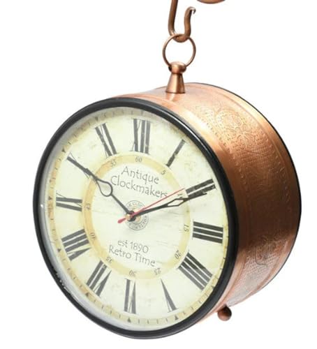Antique Brown Drum Style Double Sided Railway Station Analog Clock, Wall Hanging Two face Timepiece for Office and Kitchen, Two Phase Clock, 12.Inches, Copper - Image 5