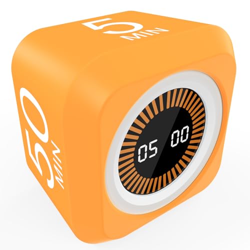 Image of Rotating Cube Pomodoro Visual Timer 5, 25, 10 50 Minutes Preset, Rechargeable Desk Productivity Flip Custom Countdown Timer w /Silicone Cover, Silent Mode for ADHD Study, Work, School(Orange)