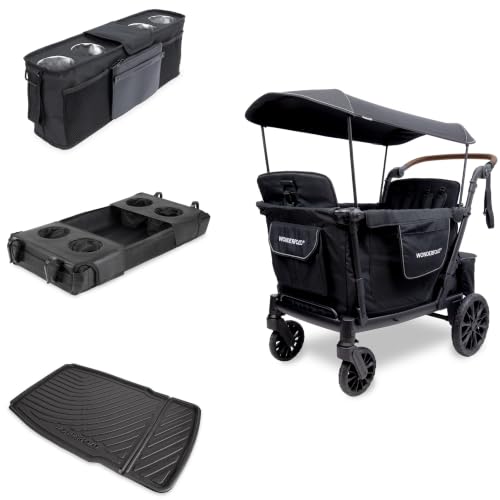 Wonderfold L4 Wagon Bundle - 4-Seater Stroller Wagon with All-Weather Mat, Flex Snack Tray, and Parent Console, Safety-Certified with 5-Point Harnesses - Black
