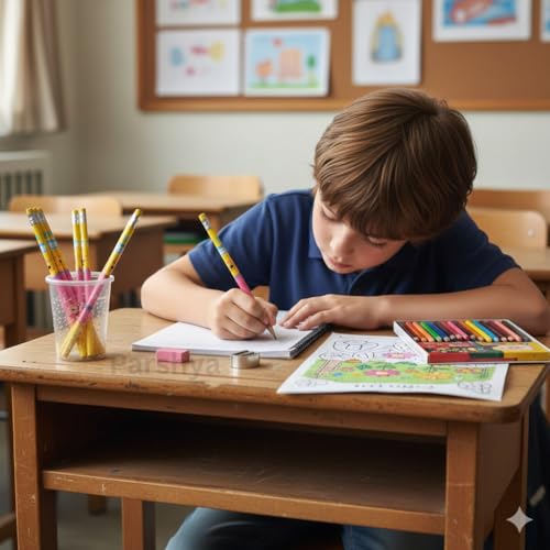 Image of KiddieWorld Premium HB Wood Pencils Set for Kids - Pack of 12 Dark Graphite Pencils with Eraser Toppers, Non-Toxic Triangular Grip for Smooth Writing, School Return Gift