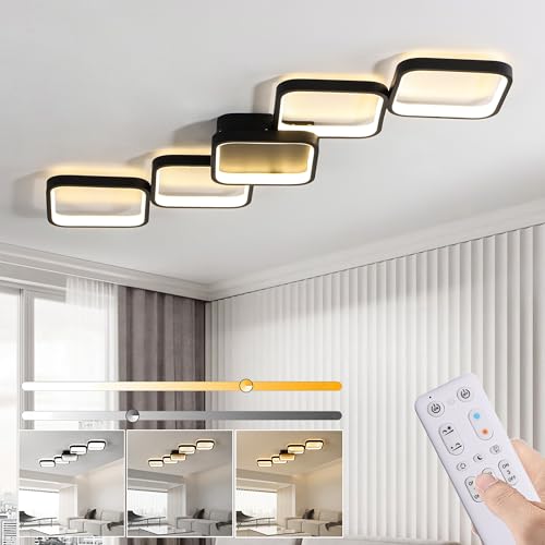 Lámpara de Techo LED Regulable con Control Remoto Lampara Techo Salón Lámpara de Dormitorio Negra 45W Iluminación de Techo Rectangular de 92 cm, Luz De Techo De Con Luz Nocturna Y Función De Memoria