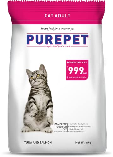 PUREPET Tuna and Salmon Adult Cat Food, Taurine for Healthy Heart, Healthy Skin and Beautiful Coat, Suitable for All Breed Sizes, allergen-Free - (6 Kg/211.6 Ounce)