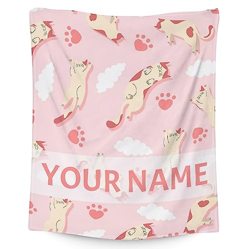 Personalized Cat Blanket Gifts with Name - 40"x50" Cute Throw for Kids & Adults - Pink Soft Fuzzy Blankets for Bed, Couch & Living Room