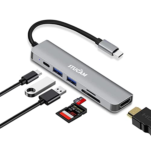 STUCAM USB-C-Hub,6 in 1 mit 4K-HDMI-Adapterausgang, kompatibel mit MacBook Pro/Air-Adapter,USB C Adapter, SD/TF-Kartenleser,87W Schnellladegerät PD,kompatibel mit Anderen Typ-C-Geräten (6-in-1) Cover