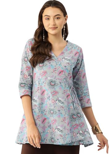 Image of feranoid Floral Print Angrakha 3 Sleeves Flared Kurti