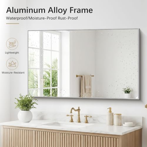 Image of DESBING 30 inch x 48 inch Bathroom Mirror, Silver Metal Frame Wall Mirror
