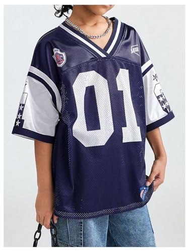 Verdusa Girl's Vintage Oversized Jersey Shirts Colorblock V Neck Half Sleeve Number Graphic Tees3