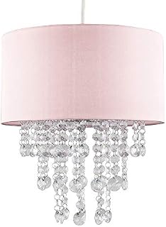 Modern Pink Cylinder Ceiling Pendant Light Shade with Clear Acrylic Jewel Effect Droplets