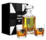 Onebttl American Flag Whiskey Decanter Set – 750ml Personalized Decanter with 2 Glasses, Gift for Men, Dad, Veteran – Birthday, Father's Day, Patriotic Gift, J