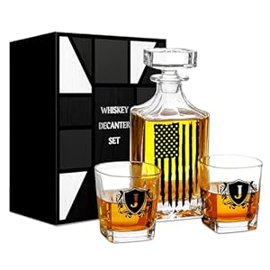 Onebttl American Flag Whiskey Decanter Set – 750ml Personalized Decanter with 2 Glasses, Gift for Men, Dad, Veteran – Birthday, Father’s Day, Patriotic Gift, J
